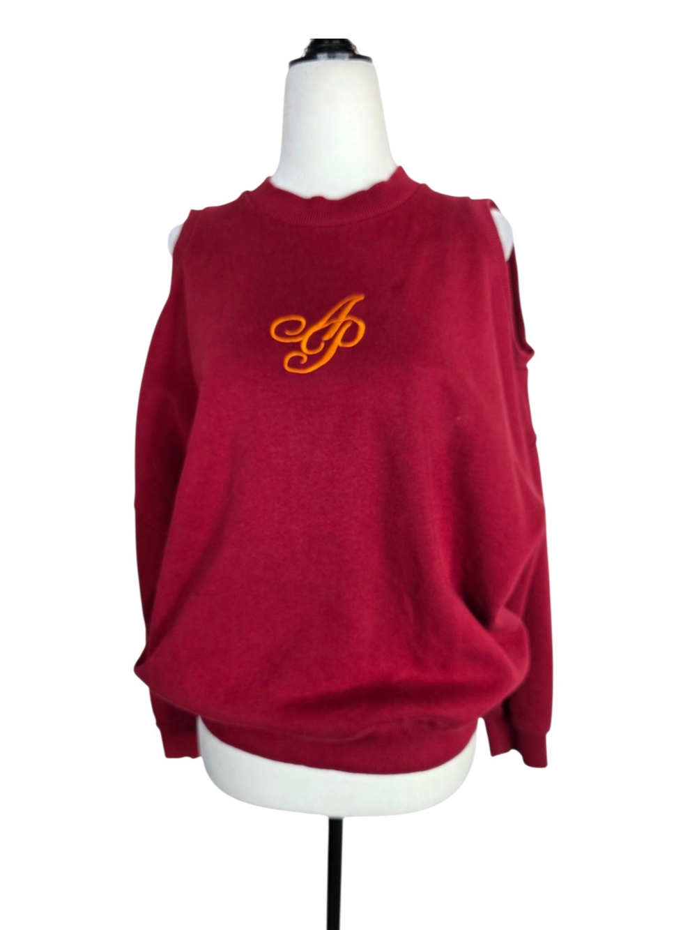 Agent Provocateur Red Cold-Shoulder Sweater with Gold Monogram